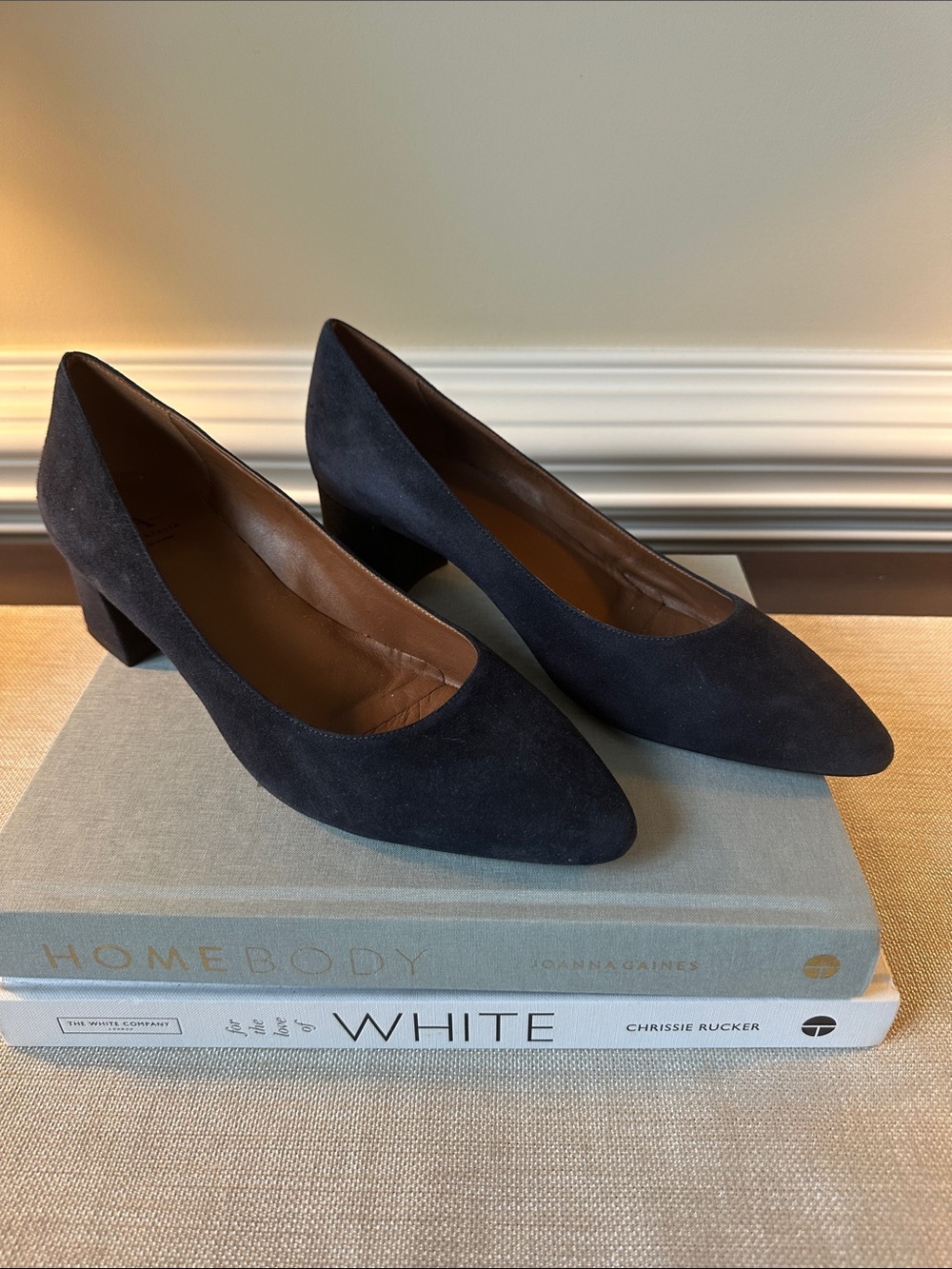 Aquatalia Black Suede Pointed Low Block Heel Pumps